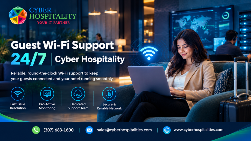 Guest WiFi Support 24/7 by Cyber Hospitality, providing reliable hotel Wi-Fi connectivity and round-the-clock technical support