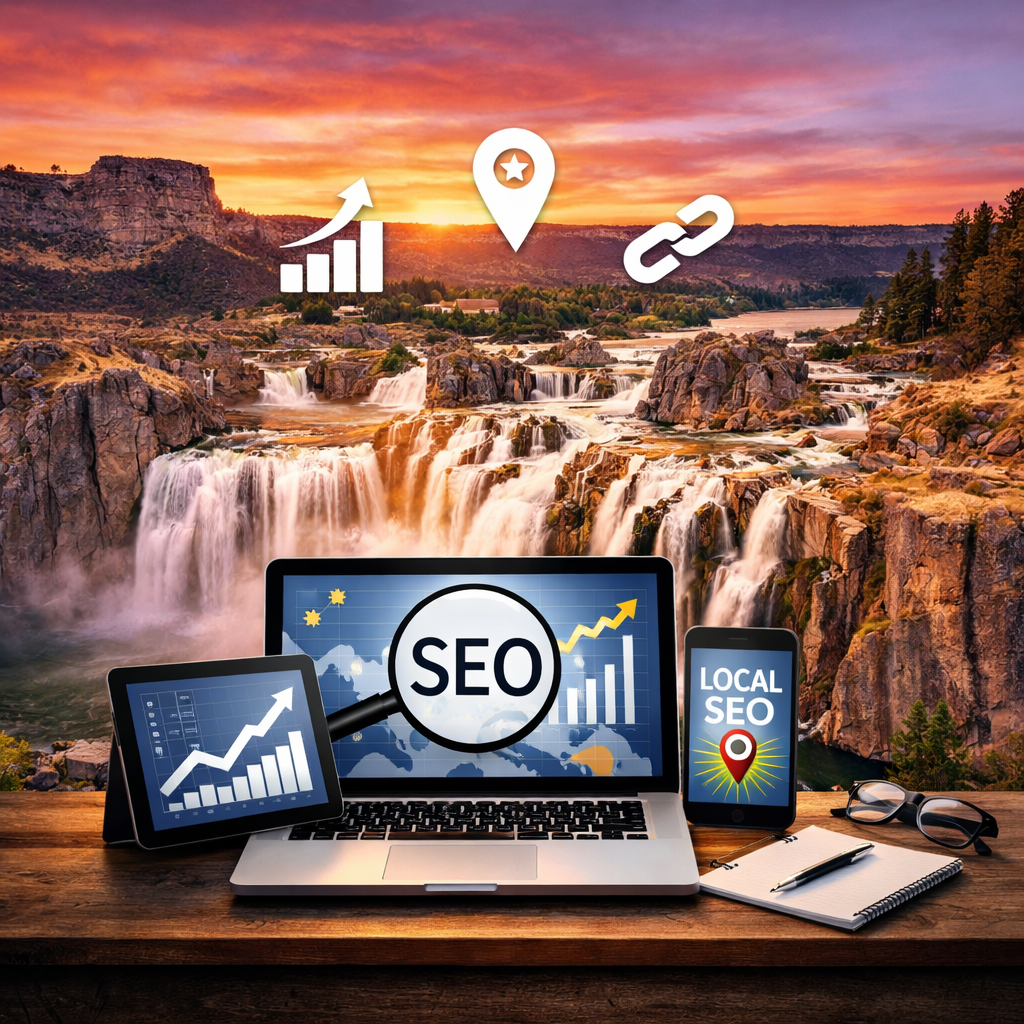 SEO company in Idaho with Shoshone Falls background showcasing digital marketing growth and local SEO strategy