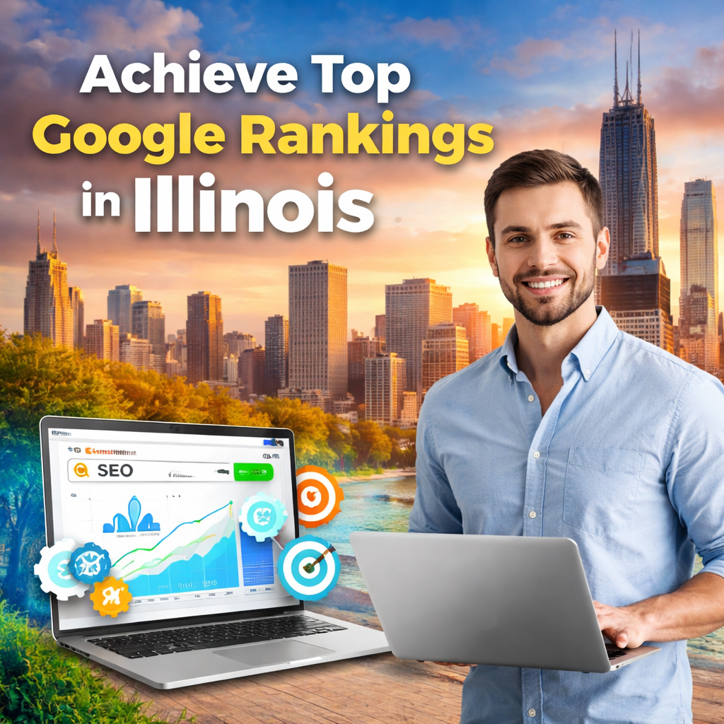 SEO expert analyzing website growth with Chicago skyline background representing Illinois SEO services