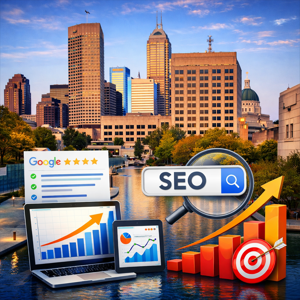 SEO company in Indiana showcasing Indianapolis skyline with analytics growth charts and digital marketing elements