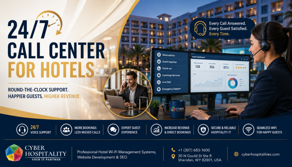 Hotel lobby with business traveler using laptop on high-speed managed Wi-Fi network, 24/7 call center for hotels