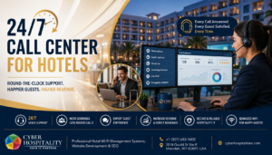 Hotel lobby with business traveler using laptop on high-speed managed Wi-Fi network, 24/7 call center for hotels
