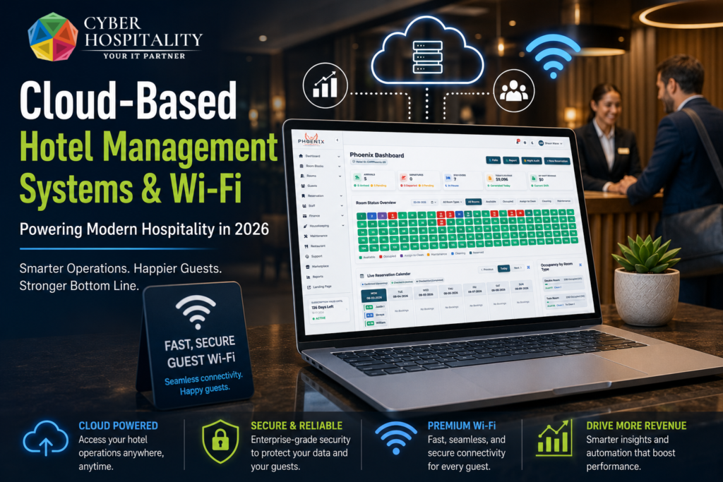 Hotel front desk staff using cloud-based property management system on tablet in modern lobby