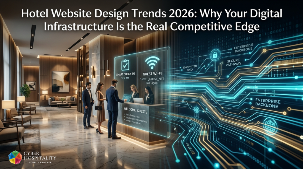 Modern hotel lobby with guests using smartphones and laptops on seamless high-speed Wi-Fi, illustrating Hotel Website Design Trends 2026 and professional network management AI in hospitality industry 2026