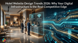 Modern hotel lobby with guests using smartphones and laptops on seamless high-speed Wi-Fi, illustrating Hotel Website Design Trends 2026 and professional network management AI in hospitality industry 2026