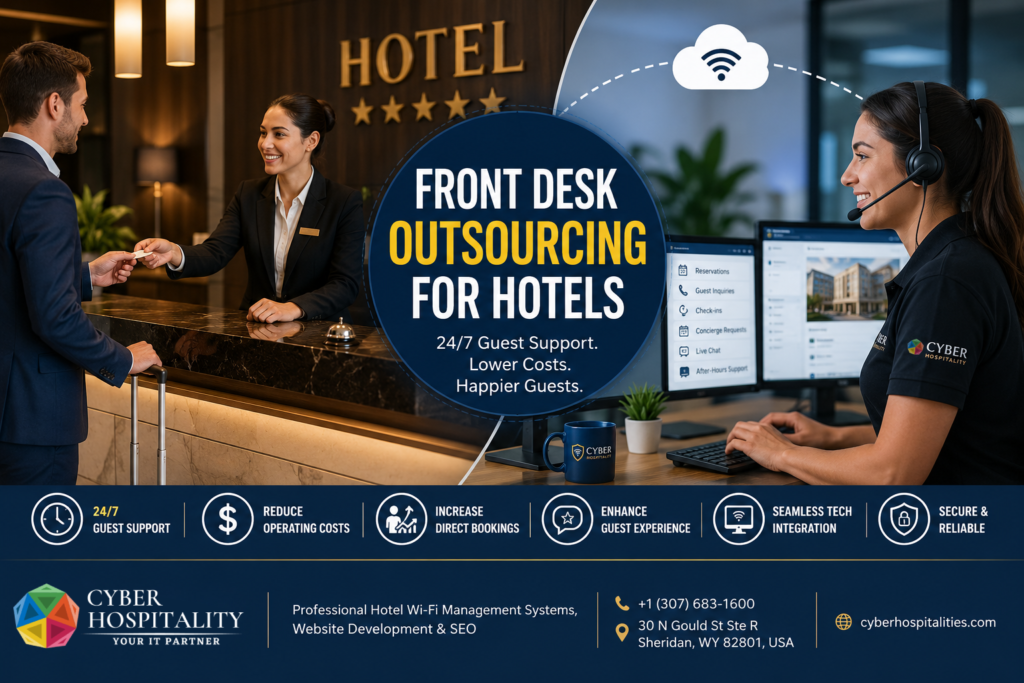 Modern hotel lobby with digital check-in kiosk and seamless Wi-Fi connectivity, illustrating front desk outsourcing for hotels and managed network infrastructure