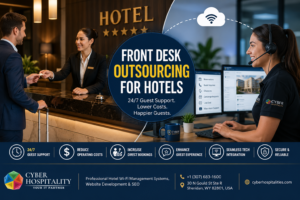 Modern hotel lobby with digital check-in kiosk and seamless Wi-Fi connectivity, illustrating front desk outsourcing for hotels and managed network infrastructure