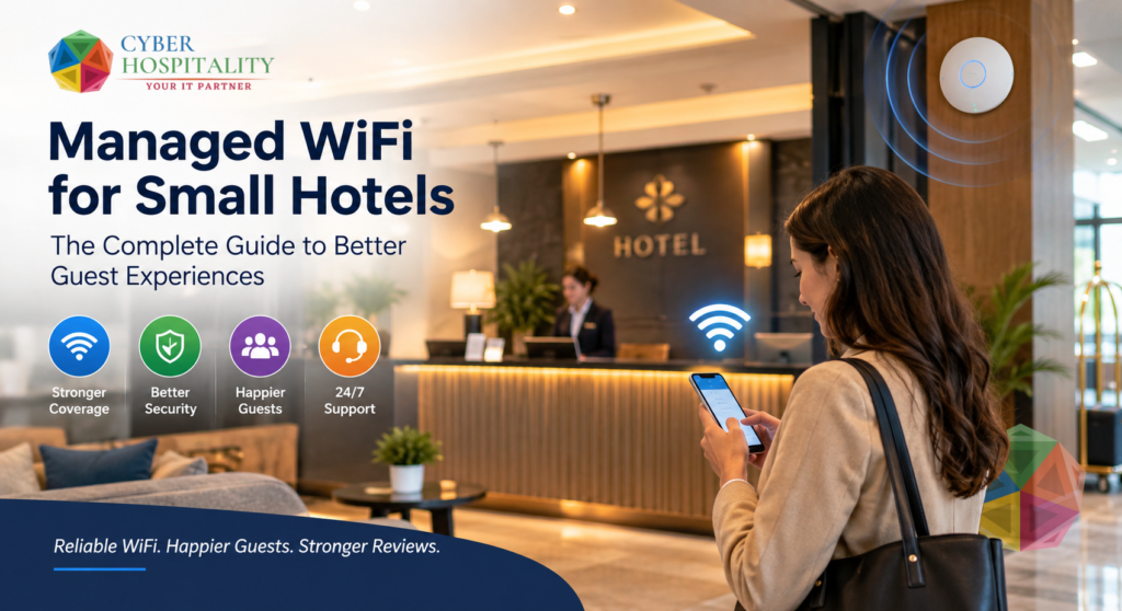 A modern hotel lobby with a guest checking their phone near a discreetly mounted commercial access point, warm lighting, welcoming atmosphere. Managed WiFi for Small Hotels