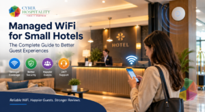 A modern hotel lobby with a guest checking their phone near a discreetly mounted commercial access point, warm lighting, welcoming atmosphere. Managed WiFi for Small Hotels